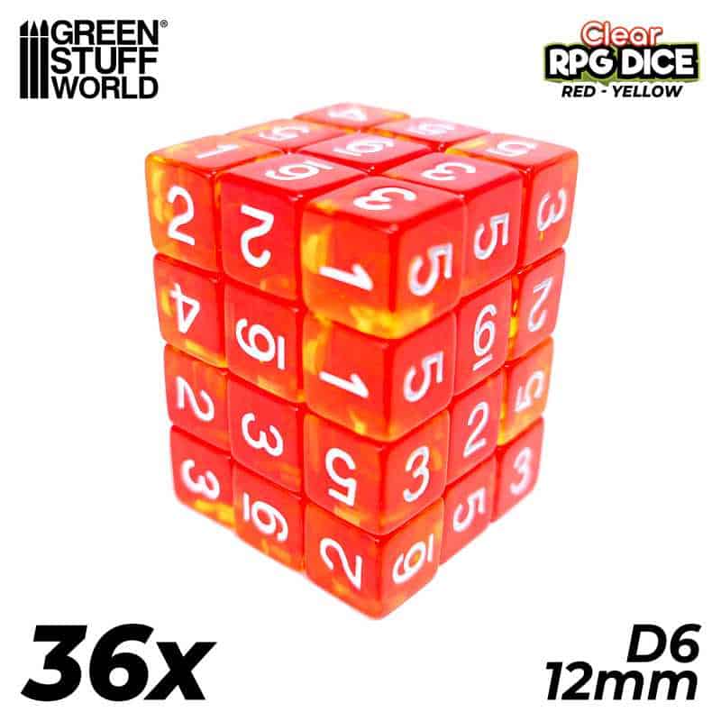 36x Dados D6 12mm Rojo/Amarillo Transparente