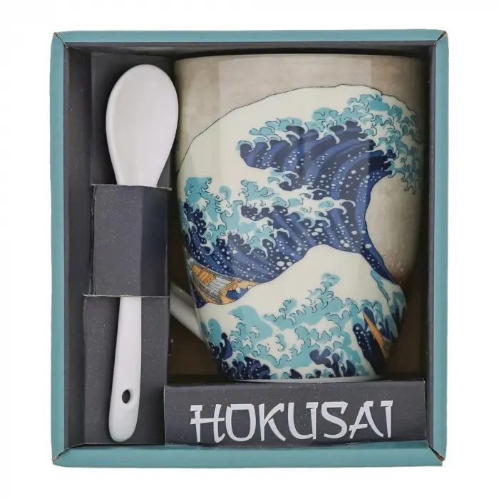 TAZA CON CUCHARA CAJA REGALO ABIERTA LA GRAN OLA HOKUSAI 